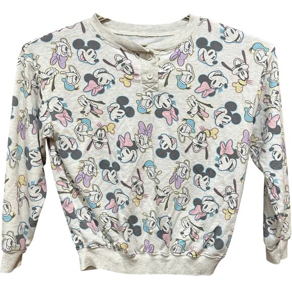 Disney Mickey and Friends Sweatshirt Women M Gray Goofy Donald Minnie Henley - Picture 1 of 7